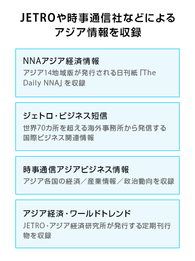 「JETROや時事通信社などによるアジア情報を収録」NNAアジア経済情報（アジア14地域版が発行される日刊紙「The Daily NNA」を収録）。ジェトロ・ビジネス短信（世界70カ所を超える海外事務所から発信する国際ビジネス関連情報）。時事通信アジアビジネス情報（アジア各国の経済／産業情報／政治動向を収録）。アジア経済・ワールドトレンド（JETRO・アジア経済研究所が発行する定期刊行物を収録）。