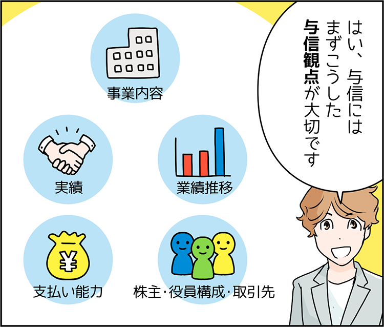 中小企業診断士 講師のSさん「はい、与信にはまずこうした与信観点が大切です。事業内容、業績推移、実績、株主・役員構成・取引先、支払い能力。」