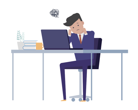 PCの前で、スーツを着た男性が困っている