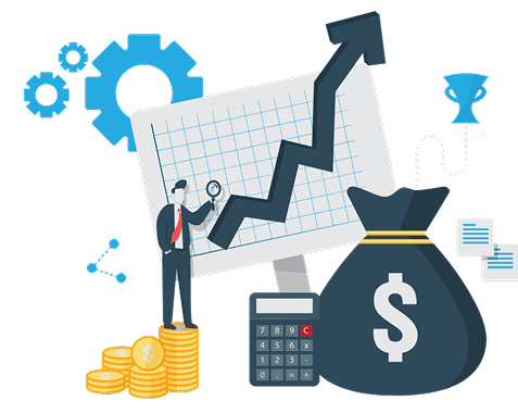 虫眼鏡を持ち、調査をしているスーツの男性と費用を現した右上に向いている黒いグラフ