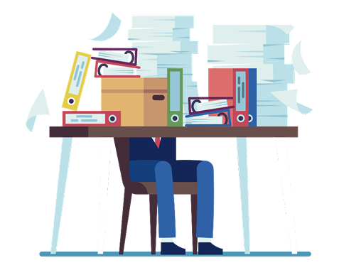 デスクの上に山積みの資料に囲まれている男性