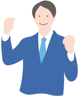 ガッツポーズをする青いスーツ姿の男性